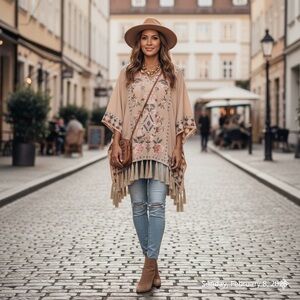 NWT Chico’s Rose Embroidered Poncho L/XL Blush Peach Boho Tassel Fringe